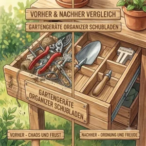 Split illustration comparing drawer chaos with the structured order of a "gartengeräte organizer für schubladen".