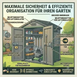 Viel Platz bietet dieser geräumige gartengeräte schuppen kunststoff abschließbar für Rasenmäher und Werkzeuge.