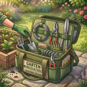 A gardener in action using the werkzeugtasche garten mit vielen fächern next to flourishing plants.