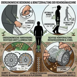 Illustration zur ergonomic_handling und richtigen Körperhaltung bei der Benutzung einer handsämaschine für reihensaat.