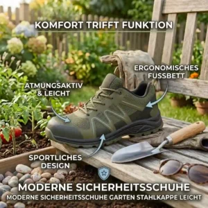 A lifestyle photo of a modern pair of "sicherheitsschuhe garten stahlkappe leicht" resting on a wooden bench, with gardening tools.