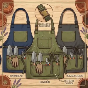 Overview illustration showing a flatlay of three color variants of the gartenschürze mit verstellbarem nackenband.