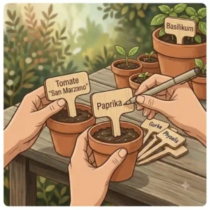 Colorful illustration of a home herb garden organized with the labels from the pikierstab set mit beschriftungsplaettchen.