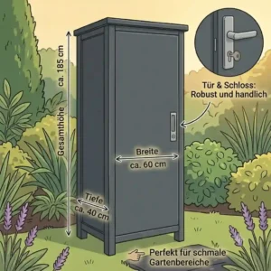 This dimensional graphic shows the precise width, depth, and height of a standard geräteschrank garten schmal und hoch for planning.