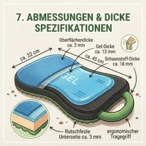 Product dimensions and thickness breakdown of the kniepolster garten gel mit tragegriff.