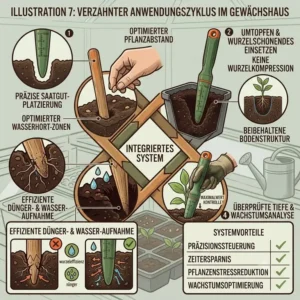Ein vollständiger Anwendungszyklus im Gewächshaus dargestellt mit dem integrierten System vom setzholz aus kunststoff für jungpflanzen.